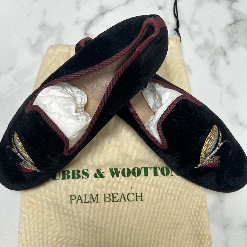 Stubbs & Wootton Black Velvet Loafers with Fly and Hook Size 7
